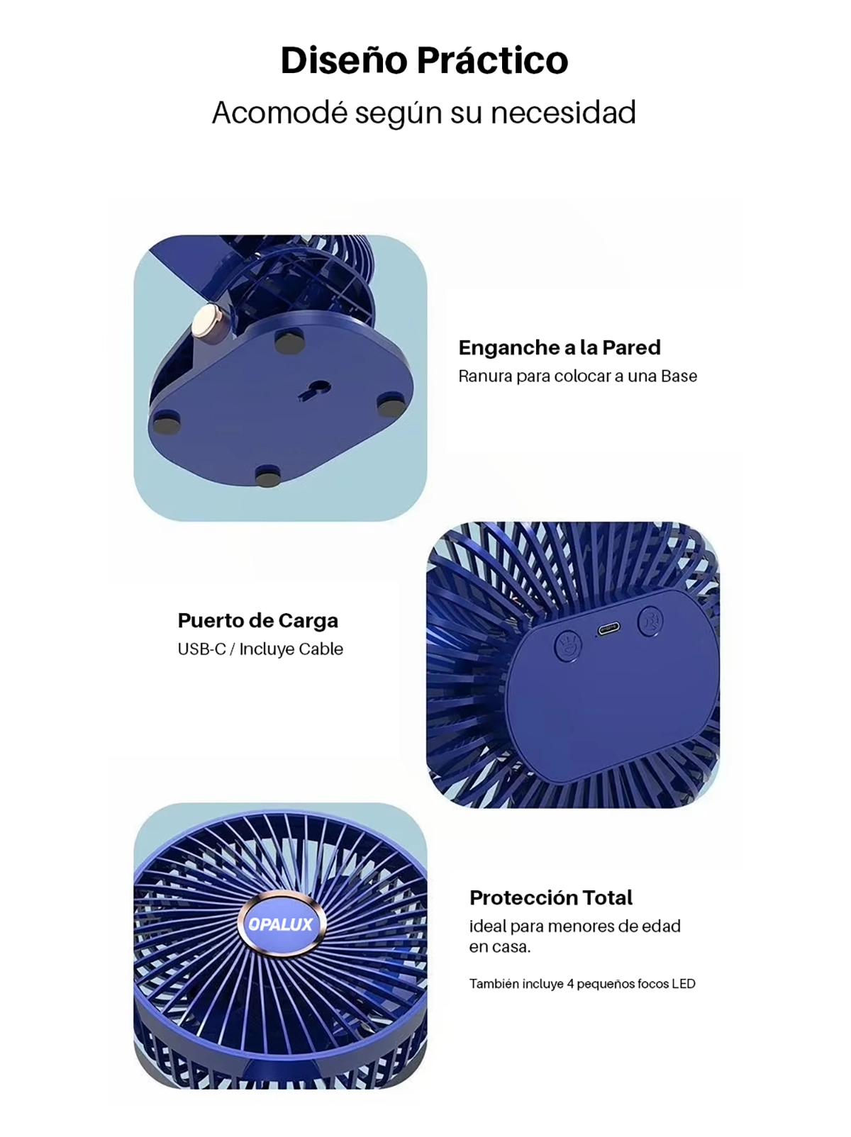 Ventilador Clip-On y de Pared Recargable Azul con Luz LED Opalux OP-CF60-AZ: Frescura Versátil Donde la Necesites