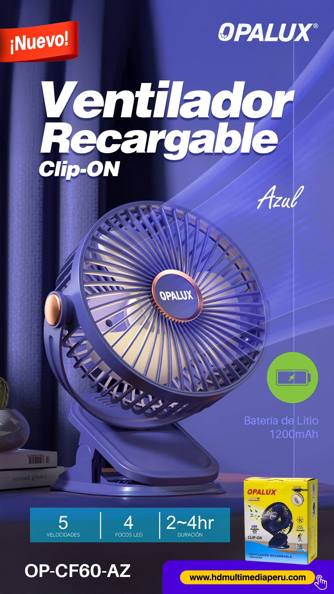 Ventilador Clip-On y de Pared Recargable Azul con Luz LED Opalux OP-CF60-AZ: Frescura Versátil Donde la Necesites