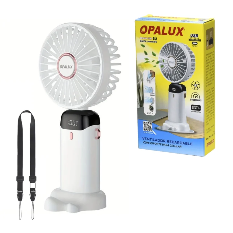 Ventilador Recargable 3-en-1 Opalux OP-HF36 con Soporte Celular y Correa: ¡Frescura Total Donde Vayas!