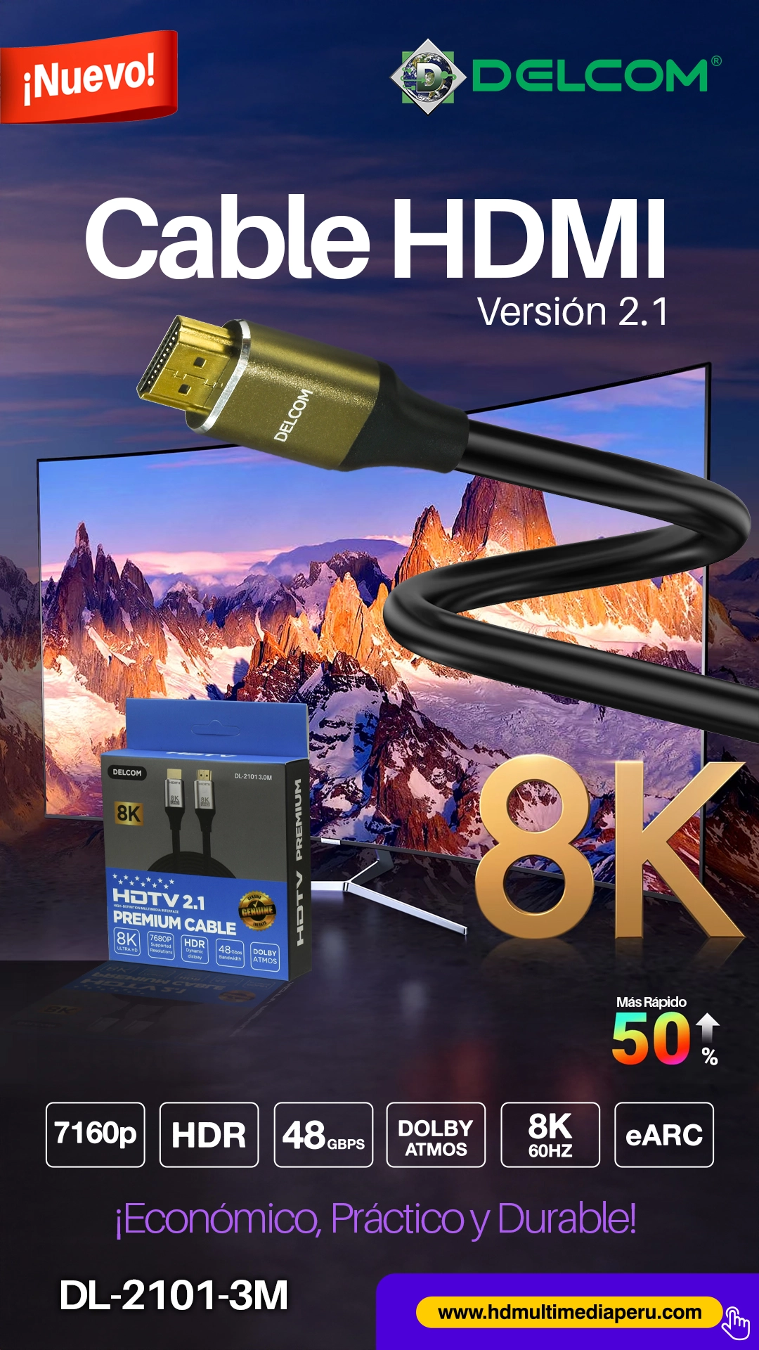Cable HDMI 8K 3 Metros Delcom DL-2101-3M: Rendimiento HDMI 2.1 a Mayor Distancia