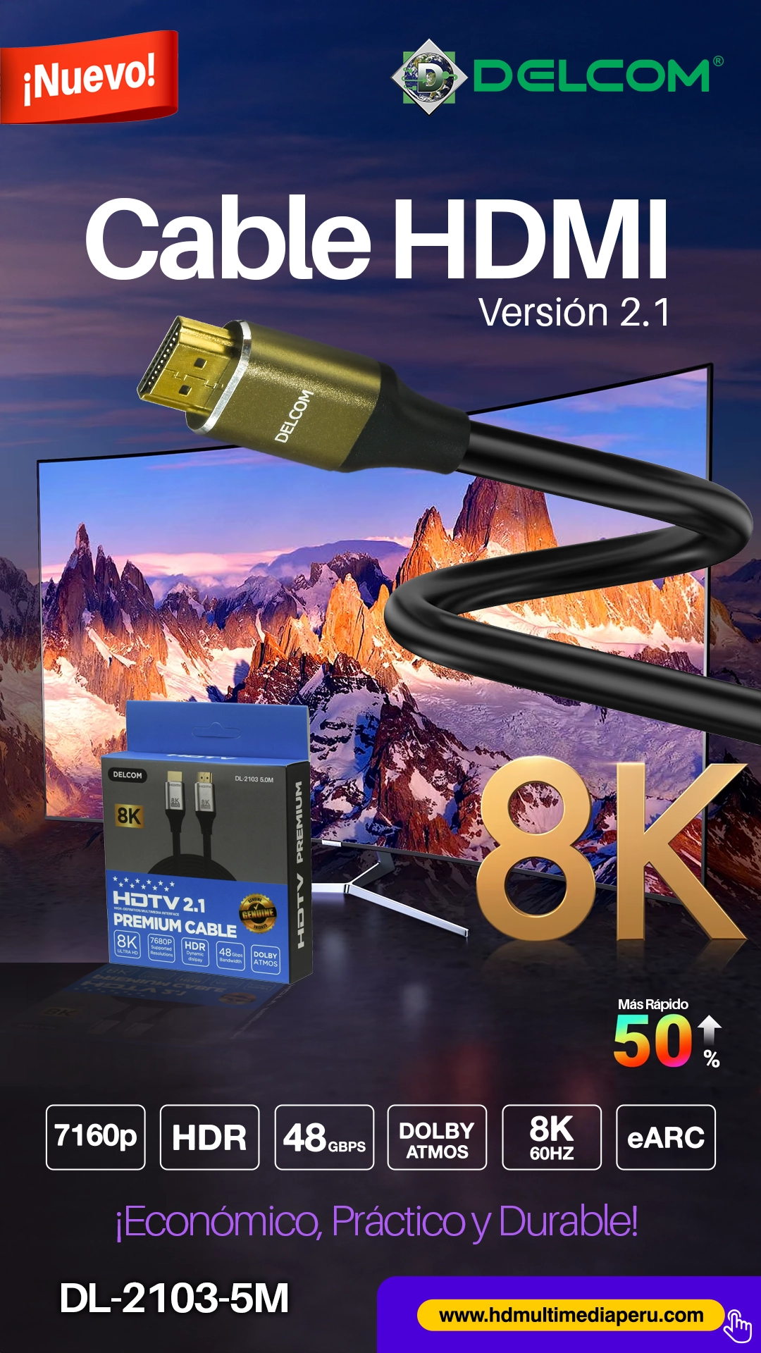 Cable HDMI 8K 5 Metros Delcom DL-2103-5M: Rendimiento HDMI 2.1 en Largas Distancias