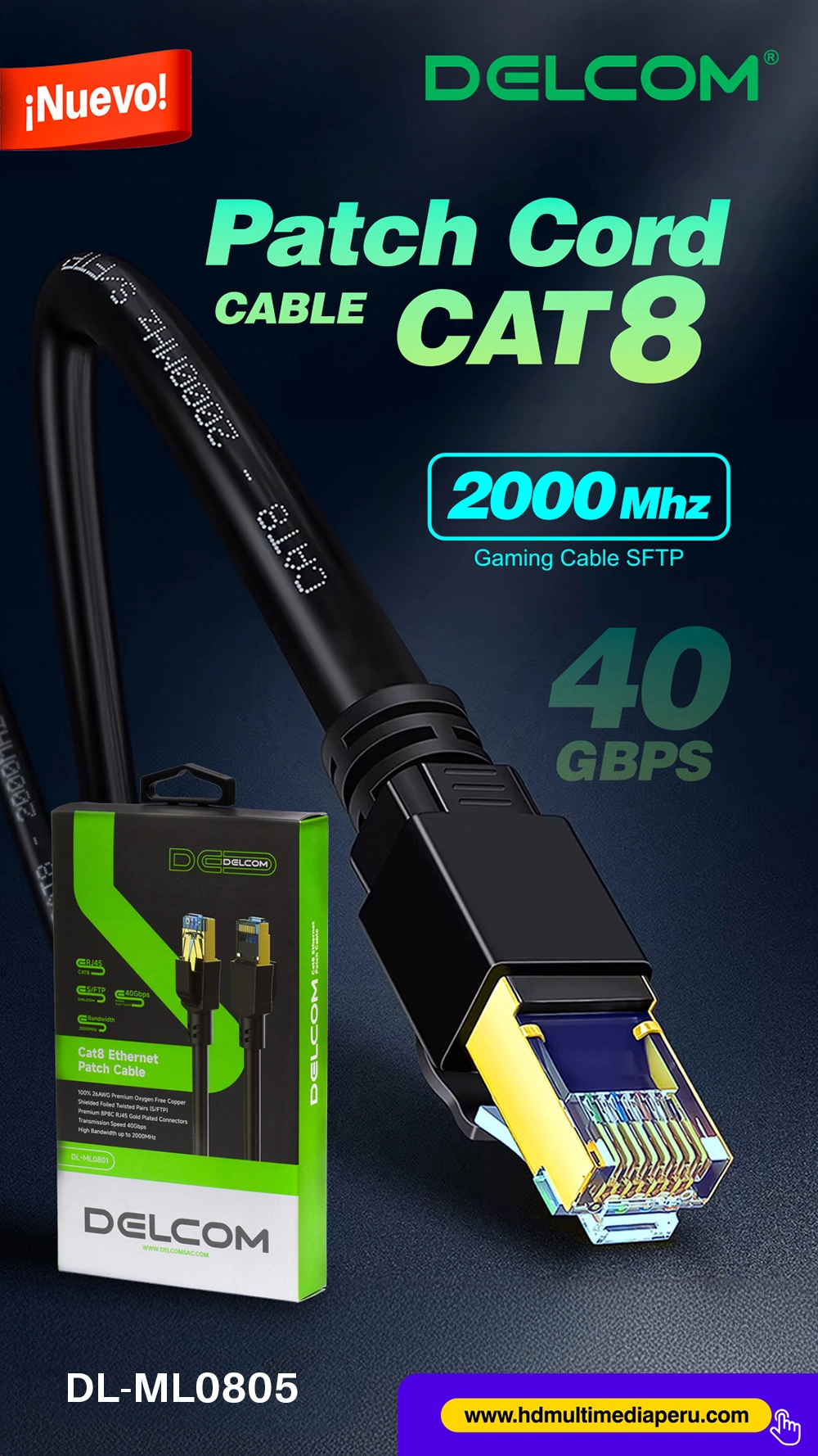 Cable Patch Cord Cat8 5 Metros SFTP Delcom DL-ML0805: ¡40Gbps y Máxima Protección a Distancia!
