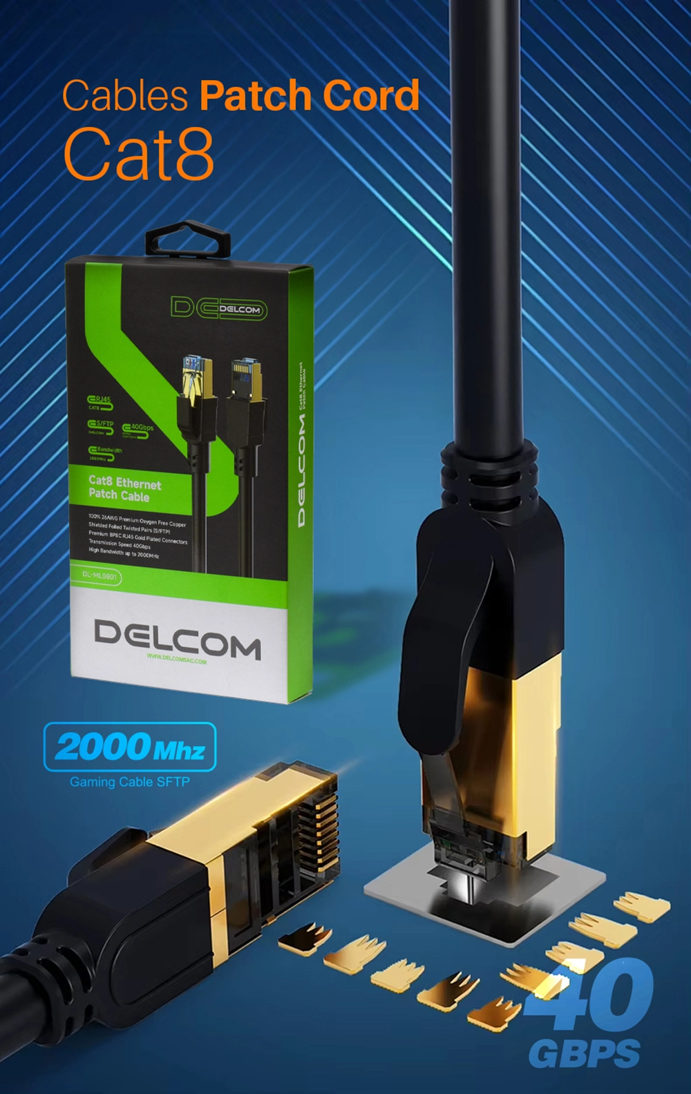 Cable Patch Cord Cat8 5 Metros SFTP Delcom DL-ML0805: ¡40Gbps y Máxima Protección a Distancia!