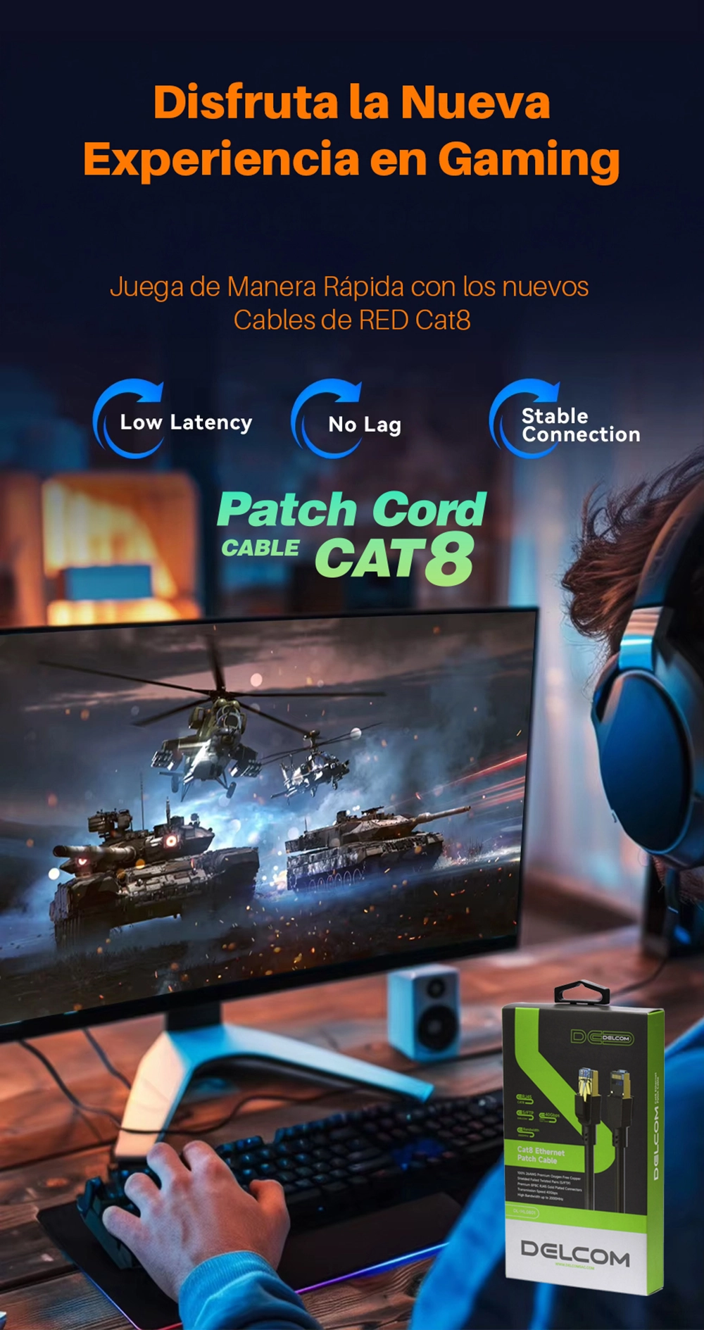 Cable Patch Cord Cat8 5 Metros SFTP Delcom DL-ML0805: ¡40Gbps y Máxima Protección a Distancia!