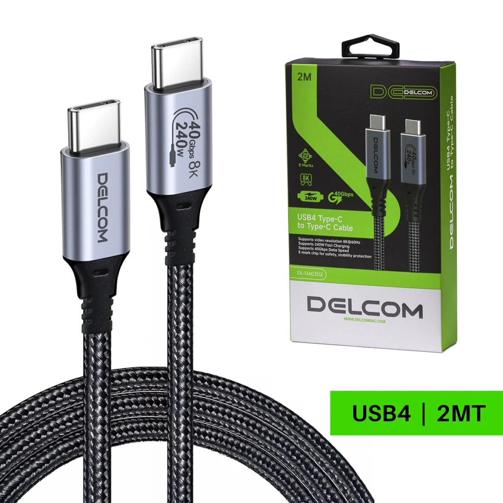 Cable USB-C USB4 Gen3 Delcom DL-U4G302 (2m): ¡8K 60Hz, 40Gbps y Carga 240W a Mayor Distancia!, Cable USB-C Gen3 2 Metros Delcom DL-U4G302: ¡8K 60Hz, 40Gbps y Carga 240W a Mayor Distancia!