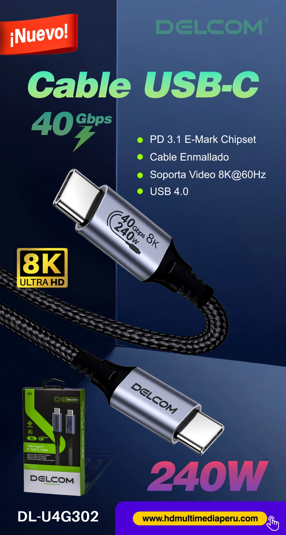 Cable USB-C USB4 Gen3 Delcom DL-U4G302 (2m): ¡8K 60Hz, 40Gbps y Carga 240W a Mayor Distancia!, Cable USB-C Gen3 2 Metros Delcom DL-U4G302: ¡8K 60Hz, 40Gbps y Carga 240W a Mayor Distancia!
