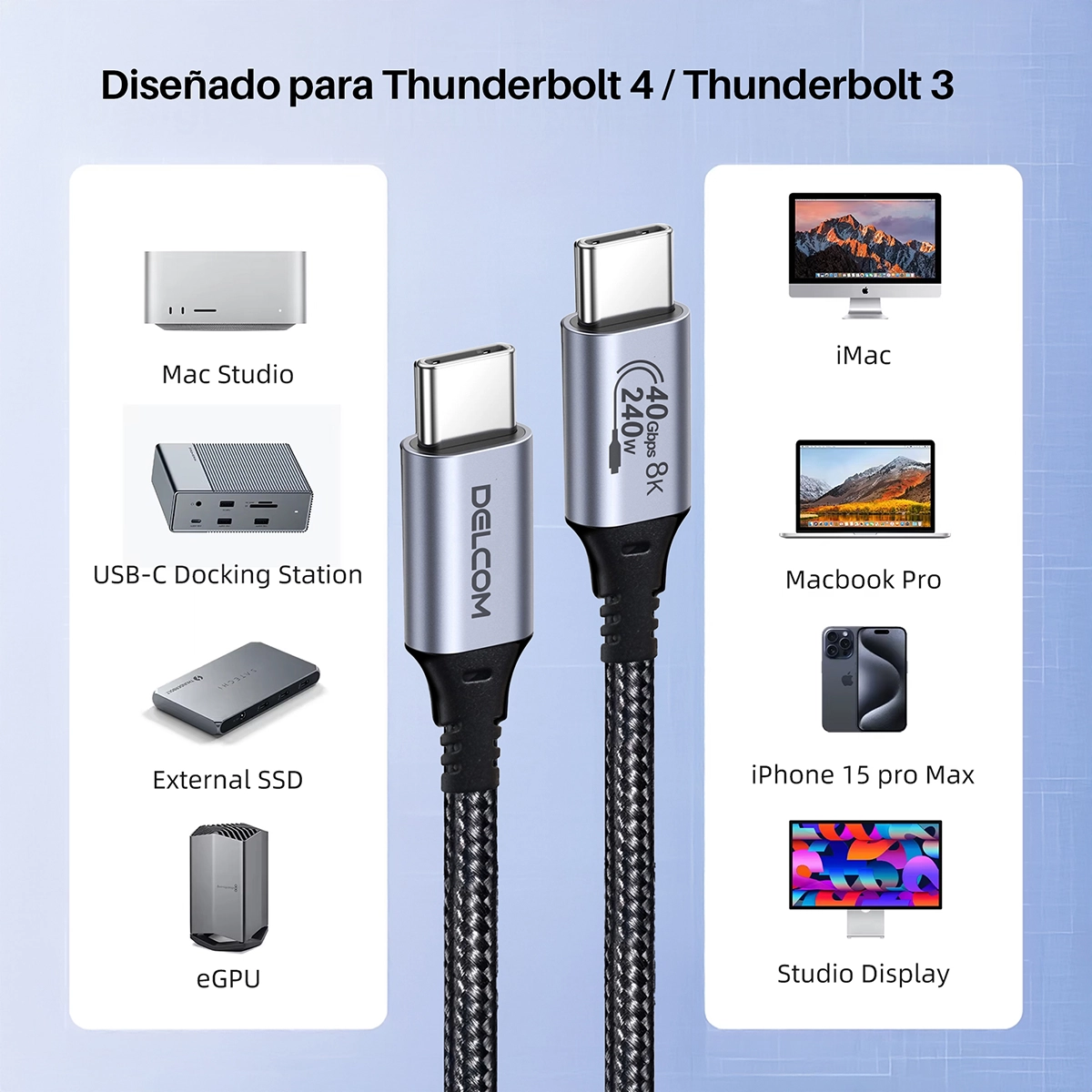 Cable USB-C USB4 Gen3 Delcom DL-U4G302 (2m): ¡8K 60Hz, 40Gbps y Carga 240W a Mayor Distancia!