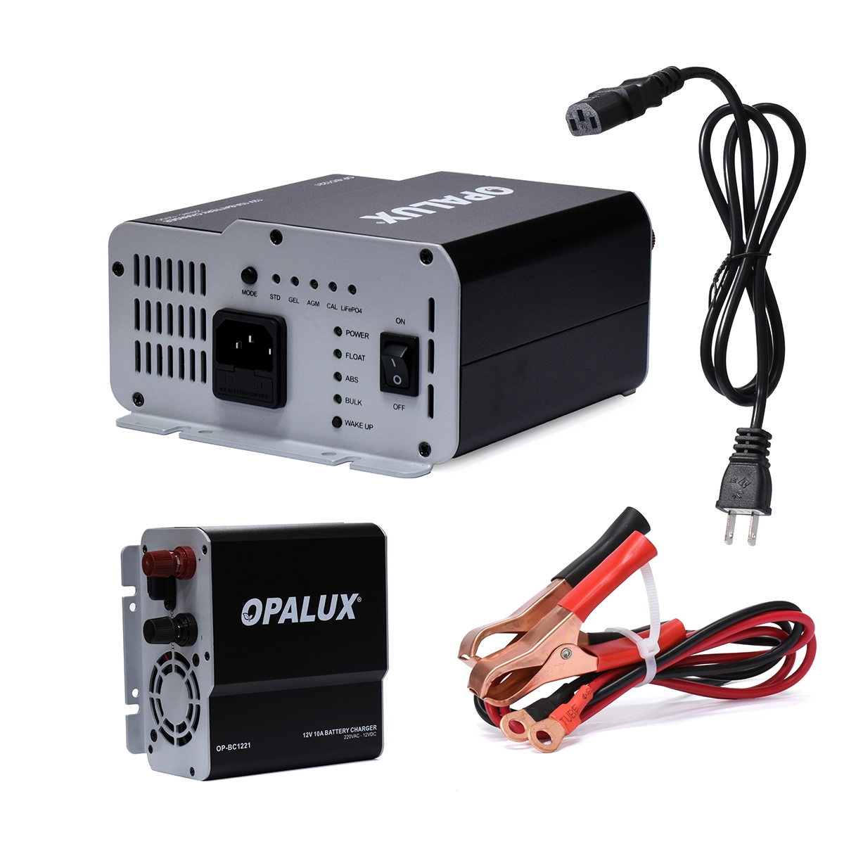Cargador Inteligente de Baterías 12V 10A Opalux OP-BC1221 (Plomo-Ácido y LiFePO4), Cargador de Batería de 12V