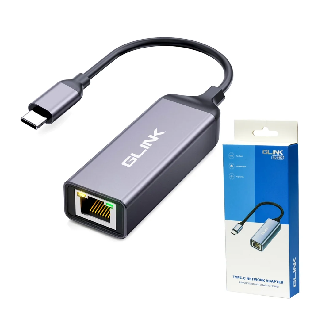 Adaptador USB-C a Red LAN Gigabit Ethernet Glink GL-041C: ¡Conexión por Cable Ultrarrápida y Estable!, Adaptador Glink GL-041C de color negro con carcasa de aluminio, mostrando el conector USB-C en un extremo y el puerto de red RJ45 en el otro, sobre un fondo blanco.