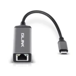 Ethernet Glink GL-041C: ¡Conexión por Cable Ultrarrápida y Estable!, Adaptador Glink GL-041C de color negro con carcasa de aluminio, mostrando el conector USB-C en un extremo y el puerto de red RJ45 en el otro, sobre un fondo blanco.