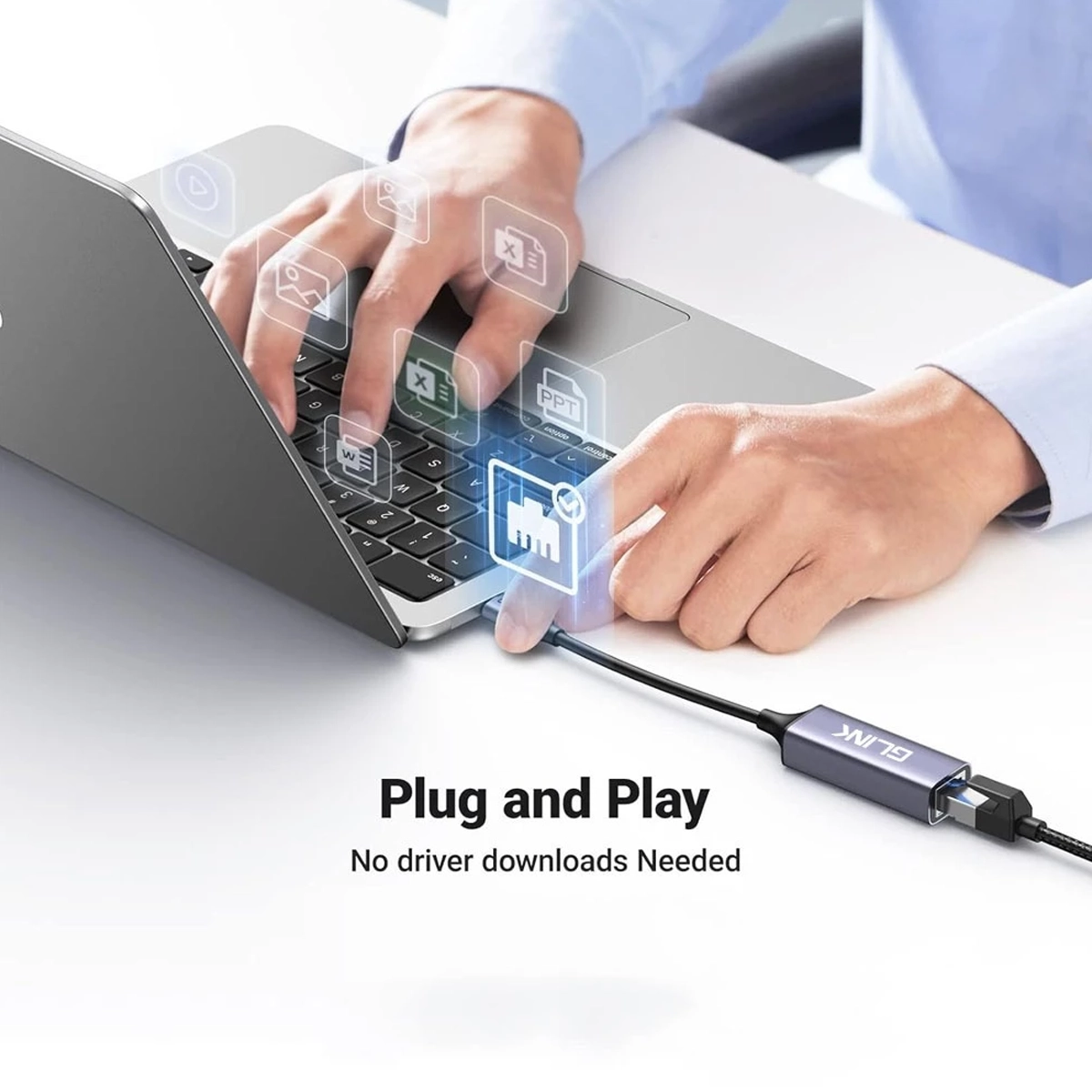 Ethernet Glink GL-041C: ¡Conexión por Cable Ultrarrápida y Estable!, Adaptador Glink GL-041C de color negro con carcasa de aluminio, mostrando el conector USB-C en un extremo y el puerto de red RJ45 en el otro, sobre un fondo blanco.