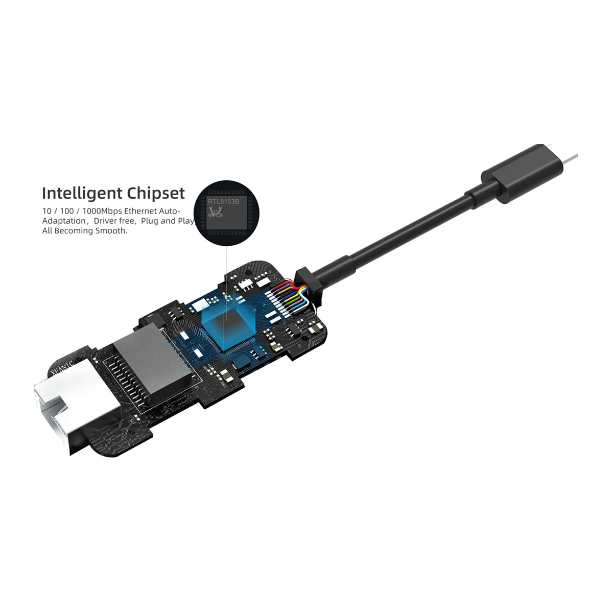 Ethernet Glink GL-041C: ¡Conexión por Cable Ultrarrápida y Estable!, Adaptador Glink GL-041C de color negro con carcasa de aluminio, mostrando el conector USB-C en un extremo y el puerto de red RJ45 en el otro, sobre un fondo blanco.