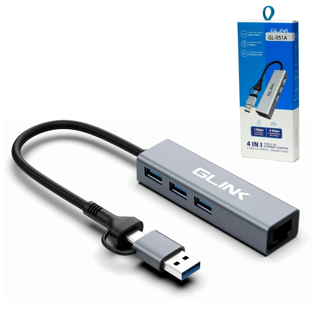 Adaptador 4-en-1 USB-C/A a LAN Gigabit y 3 Puertos USB 3.0 Glink GL-051A: ¡La Conexión Universal!