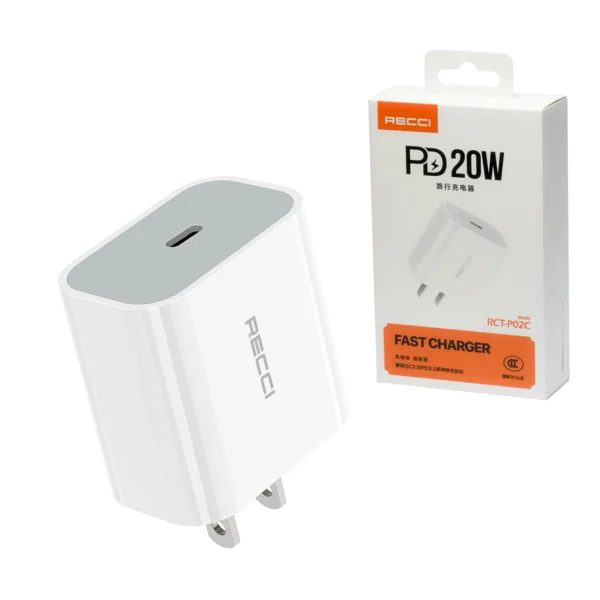 Cargador Rápido USB-C 20W RECCI RCT-P02C: ¡Potencia PD y PPS para tu Smartphone!, SOLO DADO USB-C, no incluye Cable