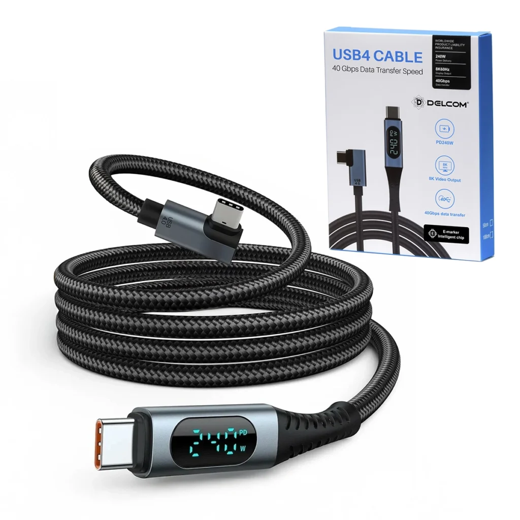 Cable USB4 1m Delcom DL-U4T302 (90° y LED Digital): ¡8K, 40Gbps y Carga 240W!