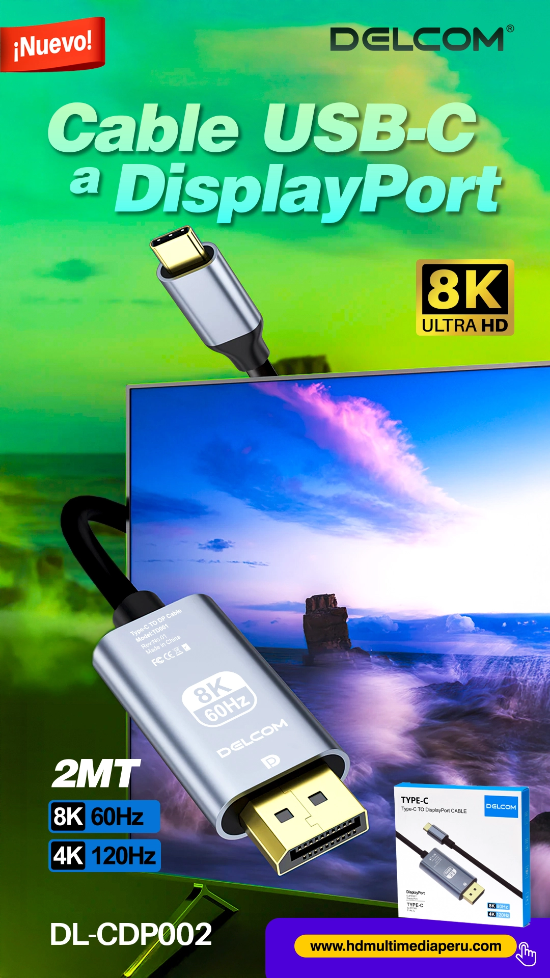 Cable USB-C a DisplayPort 8K 2m Delcom DL-CDP002: ¡Conecta tu Laptop a la Máxima Resolución y Fluidez!
