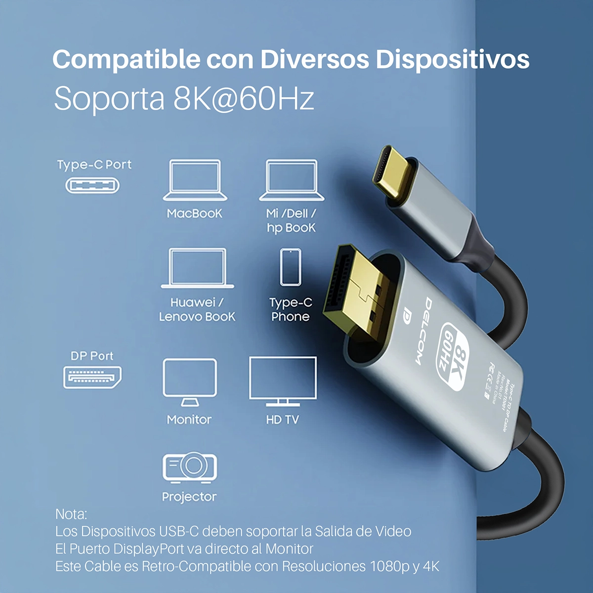 Cable USB-C a DisplayPort 8K 2m Delcom DL-CDP002: ¡Conecta tu Laptop a la Máxima Resolución y Fluidez!