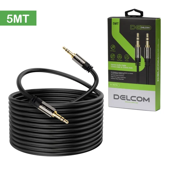 Cable de audio estéreo Delcom DL-MST05 de 5 metros color negro, con conectores miniplug 3.5mm metálicos y bañados en oro