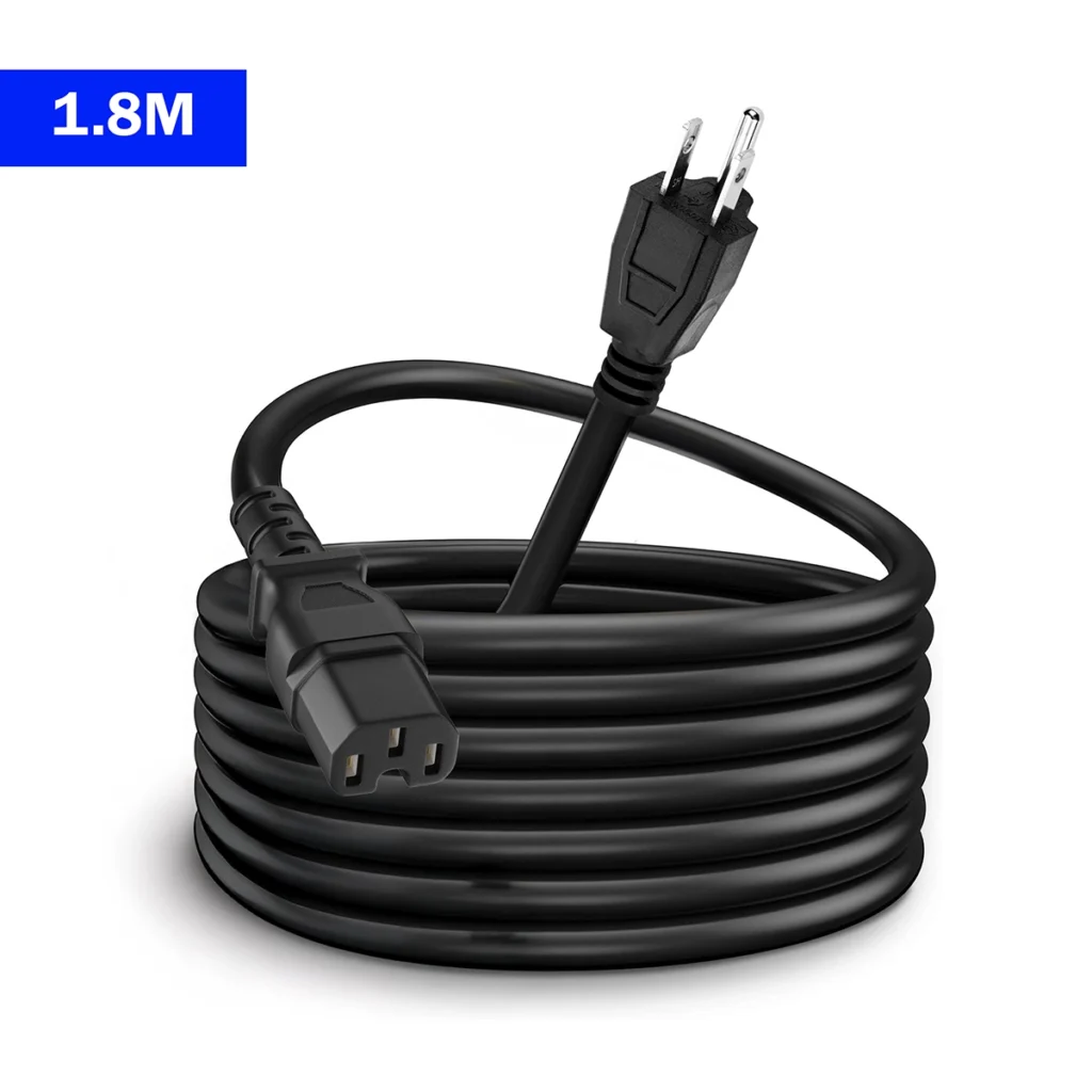 Cable de poder negro American NET de 1.8 metros, mostrando el enchufe plano NEMA 5-15P en un extremo y el conector C15 con su muesca característica en el otro, ¡Aquí tienes el texto SEO optimizado para el Cable de Poder C15 American NET GP-130-3x14-C15! Cable de Poder C15 a NEMA 5-15P 1.8m American NET: ¡Para Equipos de Alta Temperatura y Redes!