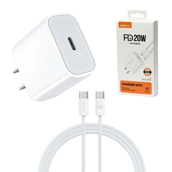 Cargador Rápido USB-C 20W RECCI RCK-22CC + Cable USB-C 60W: ¡La Solución de Carga Completa!
