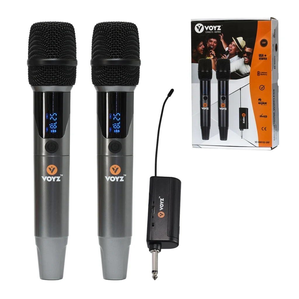Micrófono Inalámbrico Dual Recargable UHF VOYZ VZ-WM102-UHF: ¡Libertad y Claridad para Dos Voces!
