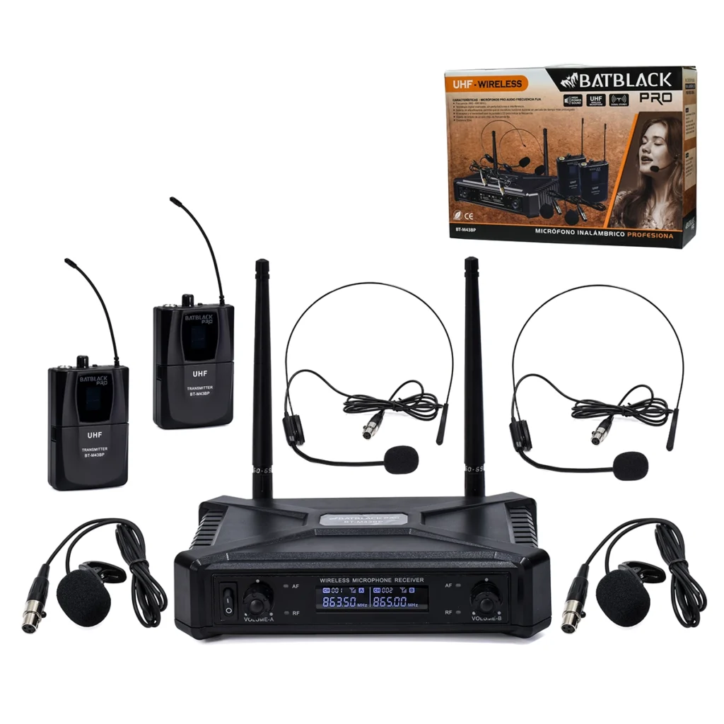 Sistema de Micrófono Inalámbrico UHF Doble (Vincha y Solapa) BatBlack BT-M43BP: ¡Versatilidad y Claridad Profesional!