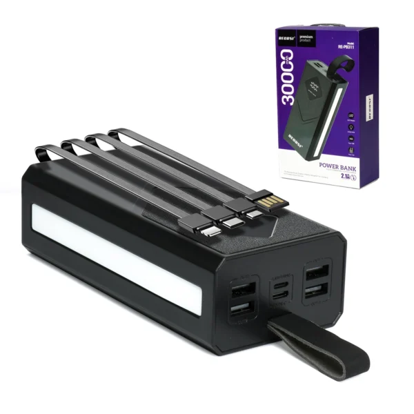 Power Bank 30000mAh RECRSI RE-PB311 con 4 Cables Integrados y Lámpara LED: ¡La Estación de Carga Definitiva!