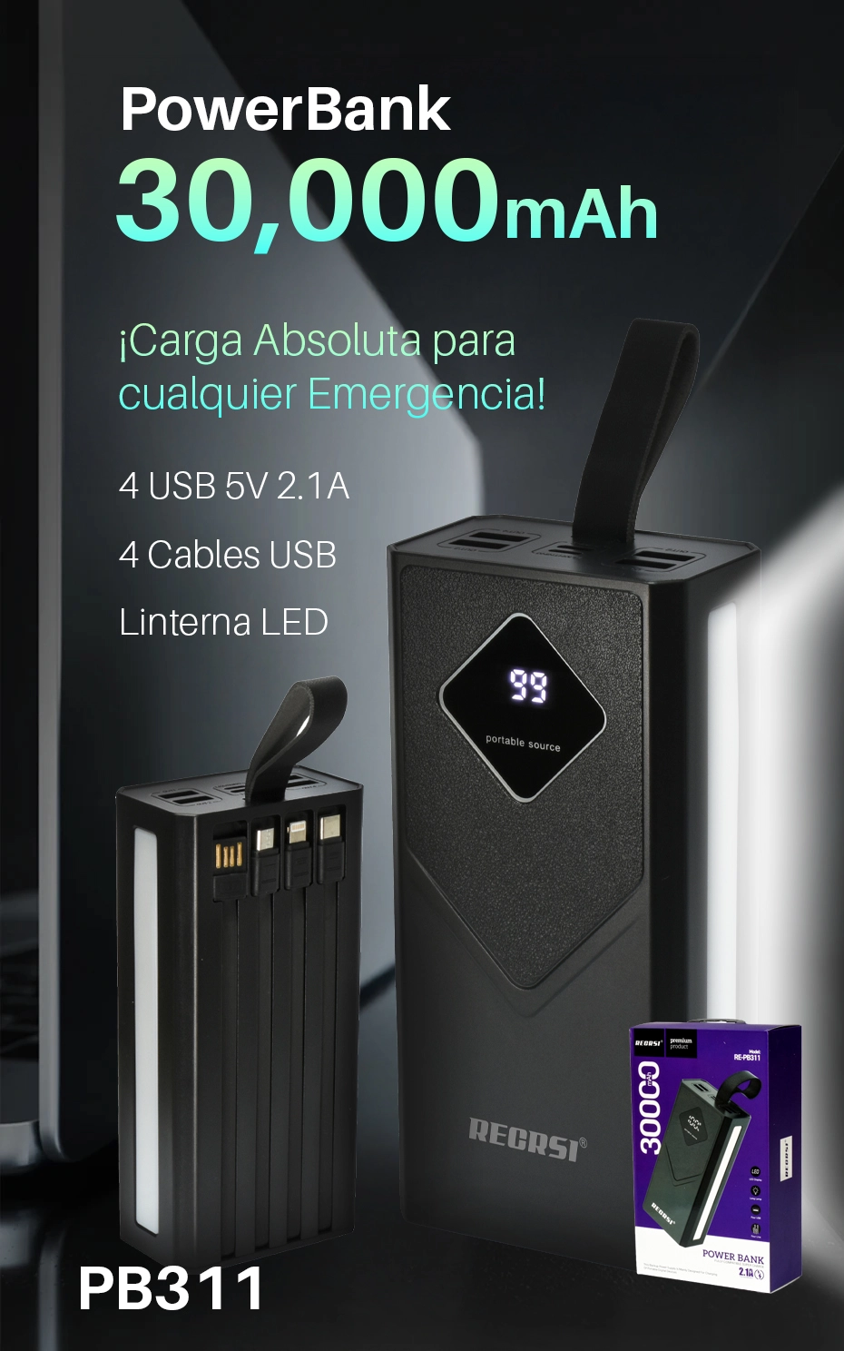 Power Bank 30000mAh RECRSI RE-PB311 con 4 Cables Integrados y Lámpara LED: ¡La Estación de Carga Definitiva!