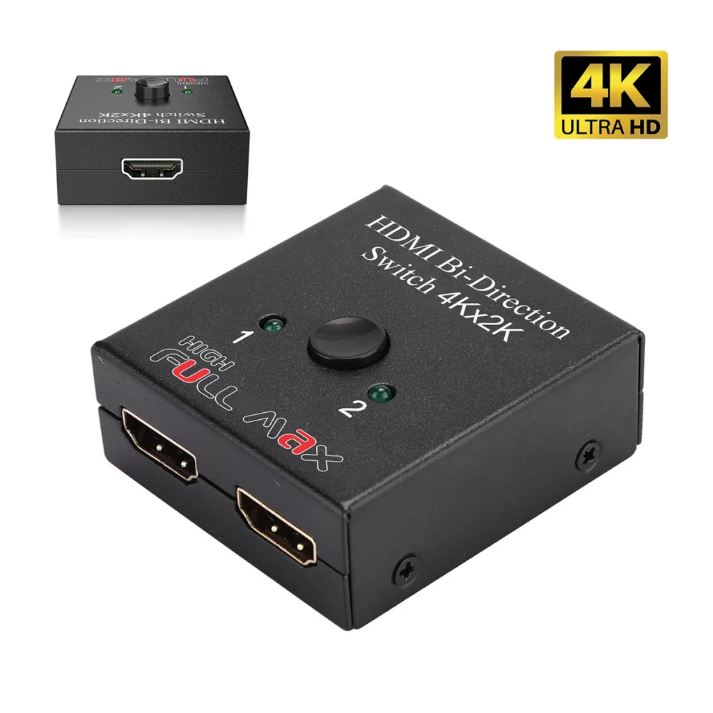 Pequeño switch HDMI bidireccional High Full Max ZZ-YKZ-HMBDS de metal negro, mostrando sus tres puertos HDMI y el botón selector superior con un indicador LED., Switch / Splitter HDMI Bi-Direccional 4K High Full Max ZZ-YKZ-HMBDS: ¡2 Dispositivos en 1!