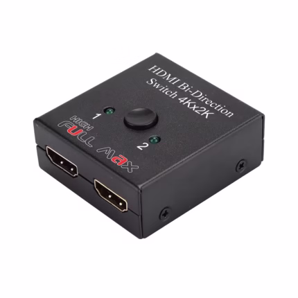 Pequeño switch HDMI bidireccional High Full Max ZZ-YKZ-HMBDS de metal negro, mostrando sus tres puertos HDMI y el botón selector superior con un indicador LED.