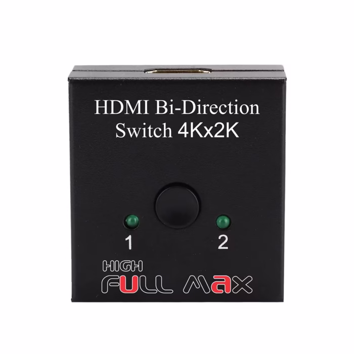 Pequeño switch HDMI bidireccional High Full Max ZZ YKZ HMBDS de metal negro mostrando sus tres puertos HDMI y el botón selector superior con un indicador LED