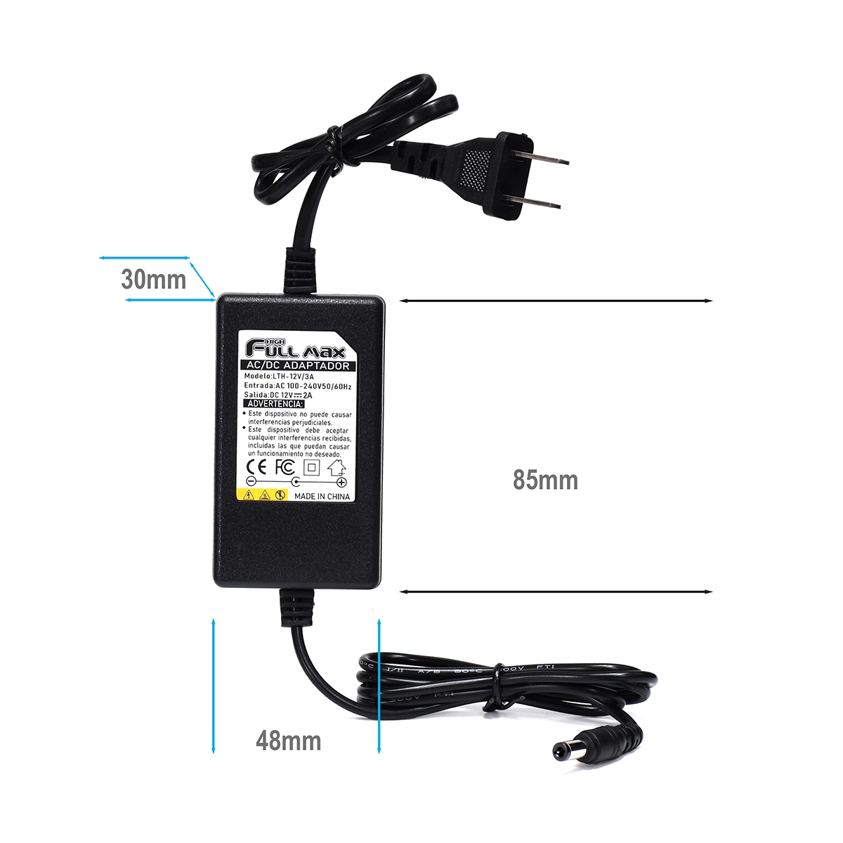 Adaptador de Voltaje 12V 2A High Full Max LTH-12V-2A (Doble Cable): ¡Energía Estable y Flexible!, Adaptador de corriente tipo ladrillo High Full Max LTH-12V-2A de 12V 2A, mostrando el cable de poder AC y el cable de salida DC con su conector, producto de HD Multimedia.