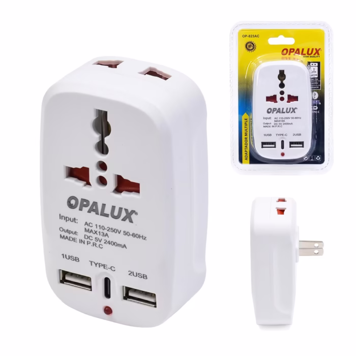 Adaptador de Enchufe  en  Opalux OP AC Doble Toma USB A y USB C Tu Centro de Carga Total Adaptador de pared  en  Opalux OP AC de color blanco mostrando su toma súper universal su toma planoredondo los dos puertos USB A y el puerto USB C producto de HD Multimedia