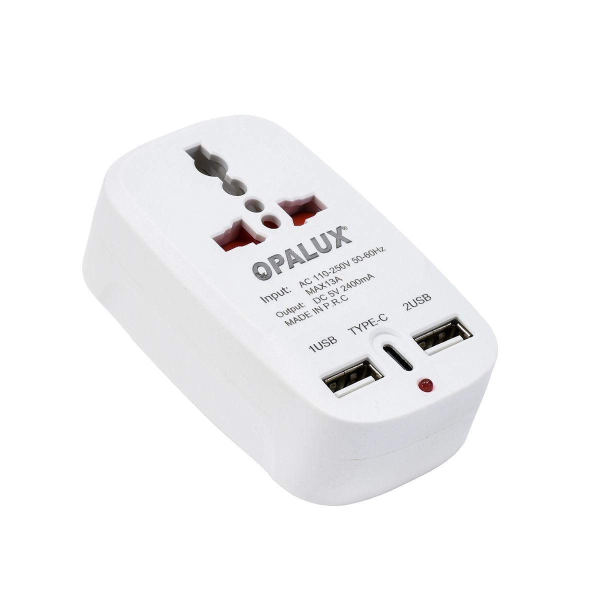 Adaptador de Enchufe 5-en-1 Opalux OP-823AC (Doble Toma, USB-A y USB-C): ¡Tu Centro de Carga Total!, Adaptador de pared 5-en-1 Opalux OP-823AC de color blanco, mostrando su toma súper universal, su toma plano/redondo, los dos puertos USB-A y el puerto USB-C, producto de HD Multimedia.