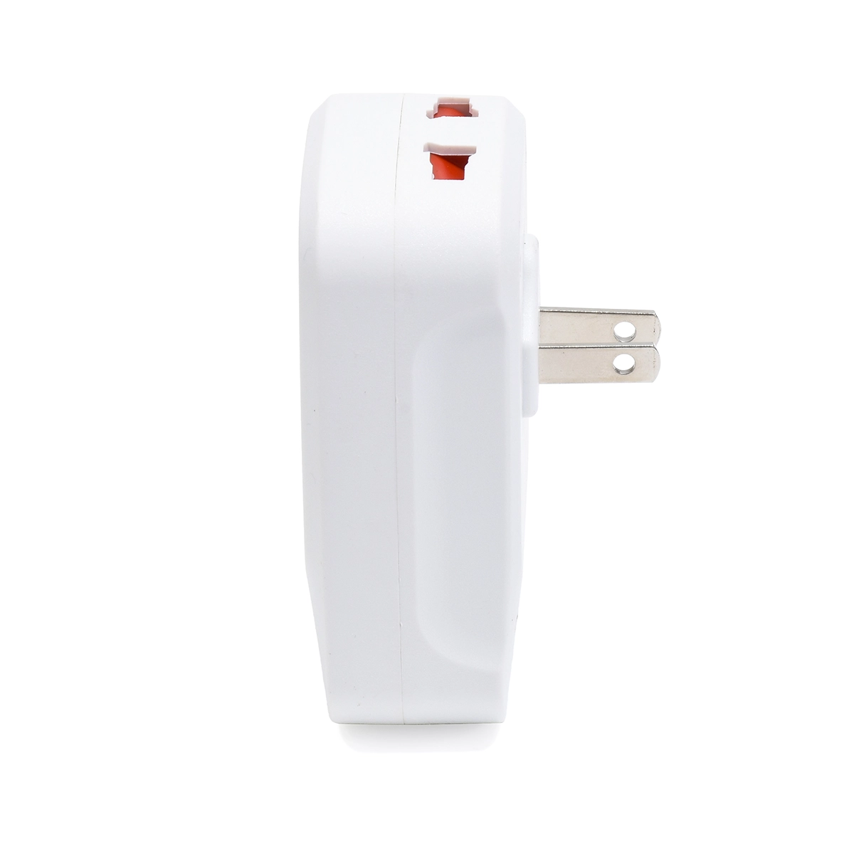 Adaptador de Enchufe 5-en-1 Opalux OP-823AC (Doble Toma, USB-A y USB-C): ¡Tu Centro de Carga Total!, Adaptador de pared 5-en-1 Opalux OP-823AC de color blanco, mostrando su toma súper universal, su toma plano/redondo, los dos puertos USB-A y el puerto USB-C, producto de HD Multimedia.