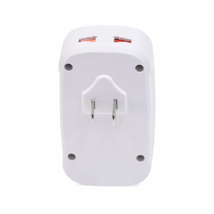 Adaptador de Enchufe  en  Opalux OP AC Doble Toma USB A y USB C Tu Centro de Carga Total Adaptador de pared  en  Opalux OP AC de color blanco mostrando su toma súper universal su toma planoredondo los dos puertos USB A y el puerto USB C producto de HD Multimedia