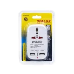 Adaptador de Enchufe 5-en-1 Opalux OP-823AC (Doble Toma, USB-A y USB-C): ¡Tu Centro de Carga Total!, Adaptador de pared 5-en-1 Opalux OP-823AC de color blanco, mostrando su toma súper universal, su toma plano/redondo, los dos puertos USB-A y el puerto USB-C, producto de HD Multimedia.