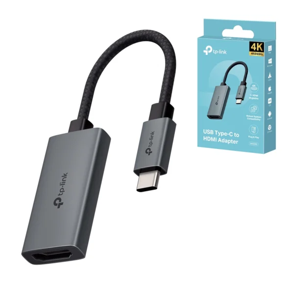 Adaptador USB-C a HDMI 4K@60Hz TP-Link UA520C: ¡Calidad de Imagen Superior y Confiabilidad!, Adaptador USB-C a HDMI TP-Link UA520C de color gris con carcasa de aluminio y cable enmallado negro, mostrando el conector USB-C y el puerto HDMI hembra, producto premium de HD Multimedia.