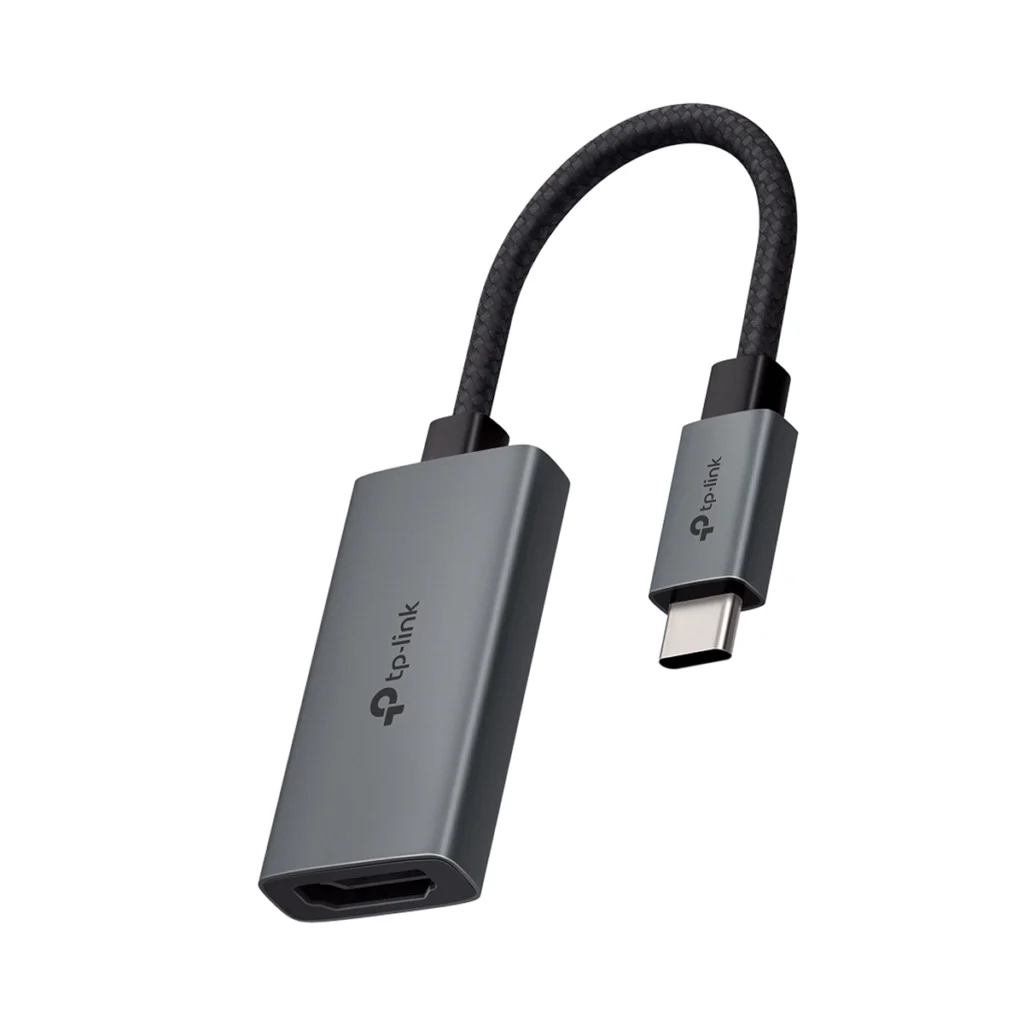 Adaptador USB C a HDMI KHz TP Link UAC Calidad de Imagen Superior y Confiabilidad Adaptador USB C a HDMI TP Link UAC de color gris con carcasa de aluminio y cable enmallado negro mostrando el conector USB C y el puerto HDMI hembra producto premium de HD Multimedia