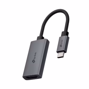 Adaptador USB-C a HDMI 4K@60Hz TP-Link UA520C: ¡Calidad de Imagen Superior y Confiabilidad!, Adaptador USB-C a HDMI TP-Link UA520C de color gris con carcasa de aluminio y cable enmallado negro, mostrando el conector USB-C y el puerto HDMI hembra, producto premium de HD Multimedia.