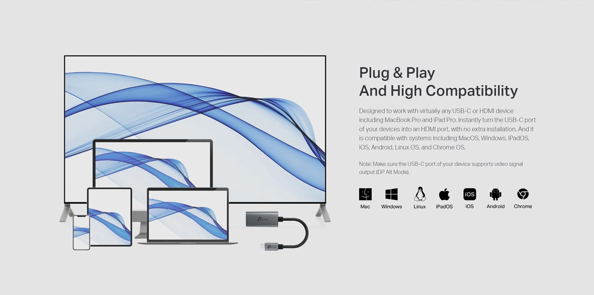 Adaptador USB-C a HDMI 4K@60Hz TP-Link UA520C: ¡Calidad de Imagen Superior y Confiabilidad!, Adaptador USB-C a HDMI TP-Link UA520C de color gris con carcasa de aluminio y cable enmallado negro, mostrando el conector USB-C y el puerto HDMI hembra, producto premium de HD Multimedia.