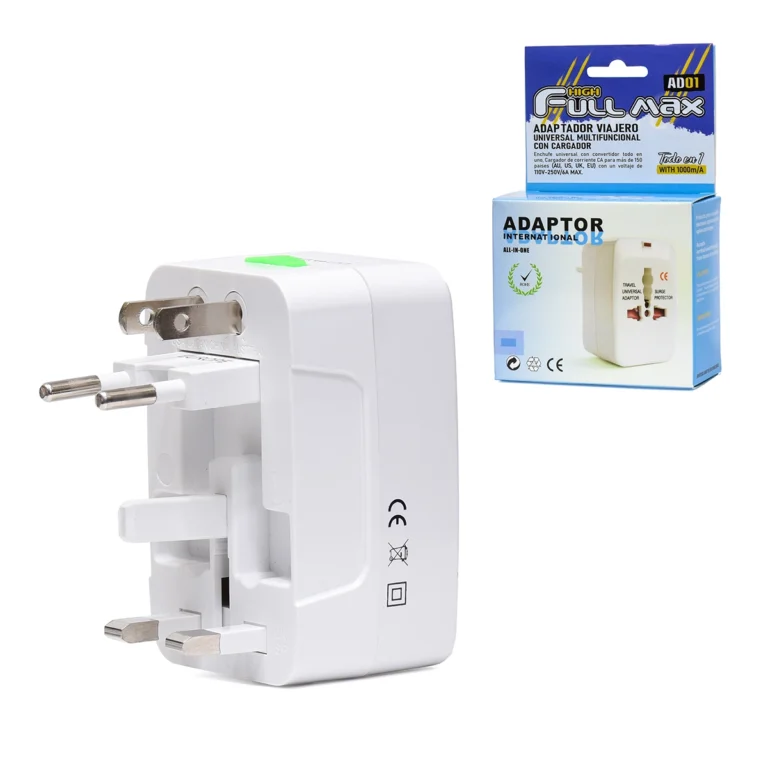 Adaptador Viajero Multipropósito High Full Max ZZ-AD01: ¡Conéctate en Todo el Mundo!, Adaptador de viaje universal multipropósito High Full Max ZZ-AD01 de color blanco, mostrando sus diferentes clavijas retráctiles y el socket universal, producto de HD Multimedia.