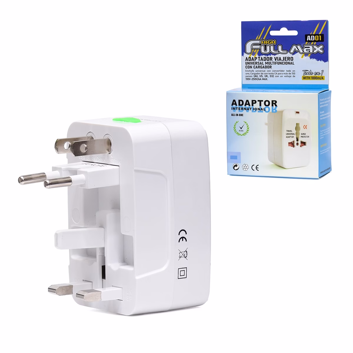 Adaptador Viajero Universal Multipropósito High Full Max ZZ AD01____ HD Multimedia PERU SAC Adaptador Viajero Multipropósito High Full Max ZZ AD Conéctate en Todo el Mundo Adaptador de viaje universal multipropósito High Full Max ZZ AD de color blanco mostrando sus diferentes clavijas retráctiles y el socket universal producto de HD Multimedia