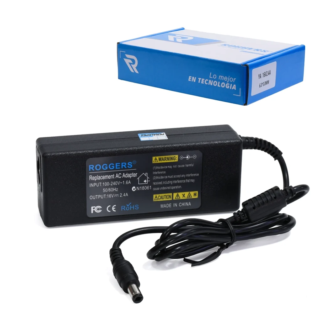 Adaptador de Corriente 16V 2.4A para Teclados y Sintetizadores Yamaha (YA-16V2.4A), Adaptador de corriente de 16V 2.4A para teclados Yamaha, mostrando el transformador negro y el conector de salida específico de 6.3mm, producto de HD Multimedia.