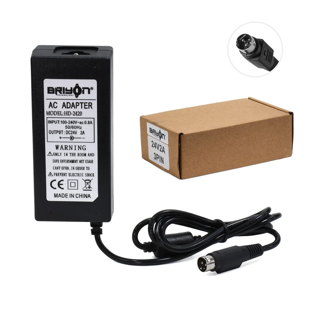 Adaptador de poder original Briyon B-2420 de color negro, mostrando su transformador y el conector de salida específico de 3 pines, producto de HD Multimedia., Adaptador de 24V 2A 3 PIN Etiquetera