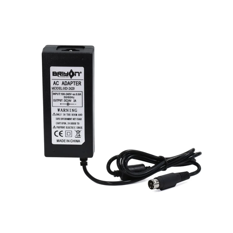 Adaptador de poder original Briyon B-2420 de color negro, mostrando su transformador y el conector de salida específico de 3 pines, producto de HD Multimedia., Adaptador de 24V 2A 3 PIN Etiquetera