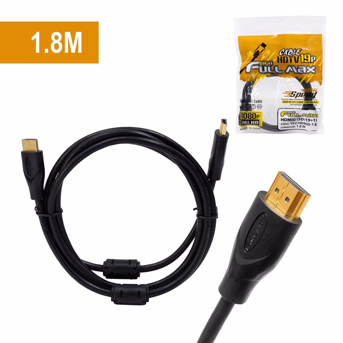 Cable HDMI Económico de 18M Full HD 1080p High Full Max YKZ HDMIG 18M____ HD Multimedia PERU SAC Cable HDMI Económico Metros Full HD High Full Max YKZ HDMI M Conexión Confiable a Gran Precio Cable HDMI económico de metros High Full Max de color negro mostrando sus conectores dorados y los filtros de ferrita cilíndricos producto de HD Multimedia