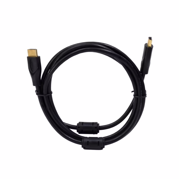 Cable HDMI Económico  Metros Full HD High Full Max YKZ HDMI M Conexión Confiable a Gran Precio Cable HDMI económico de  metros High Full Max de color negro mostrando sus conectores dorados y los filtros de ferrita cilíndricos producto de HD Multimedia