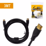 Cable HDMI Económico 3 Metros Full HD 1080p High Full Max: ¡Calidad y Alcance a un Gran Precio!, Cable HDMI económico de 3 metros High Full Max de color negro, mostrando sus conectores dorados y los filtros de ferrita cilíndricos para una señal limpia, producto de HD Multimedia.