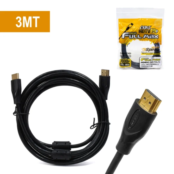 Cable HDMI Económico 3 Metros Full HD 1080p High Full Max: ¡Calidad y Alcance a un Gran Precio!, Cable HDMI económico de 3 metros High Full Max de color negro, mostrando sus conectores dorados y los filtros de ferrita cilíndricos para una señal limpia, producto de HD Multimedia.